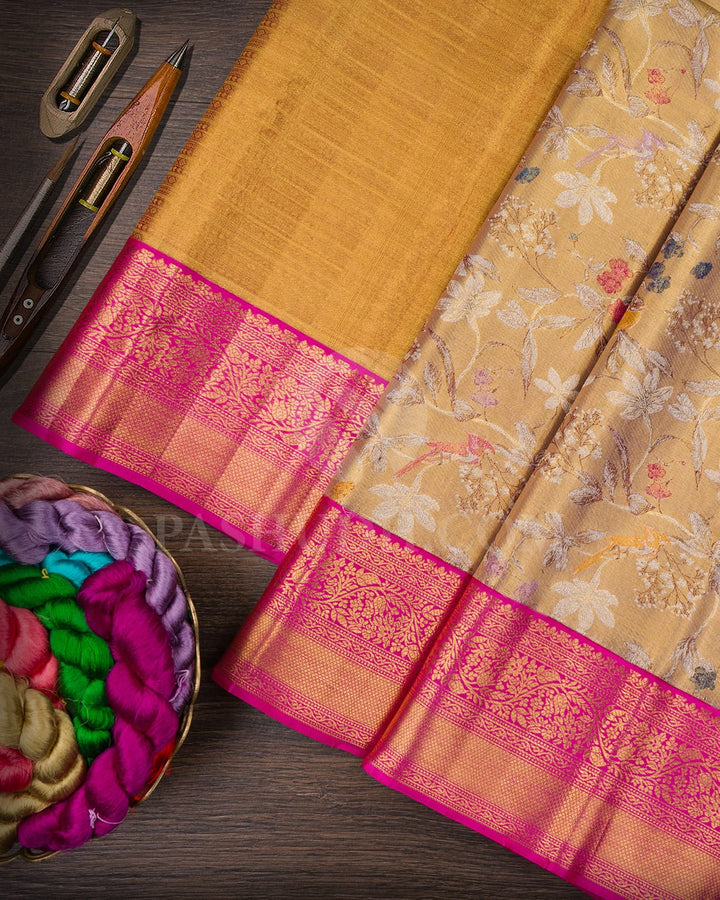 Gold Silver Tissue Shimmer Kanjivaram Silk Saree With Rani Pink Border-S1523(A)