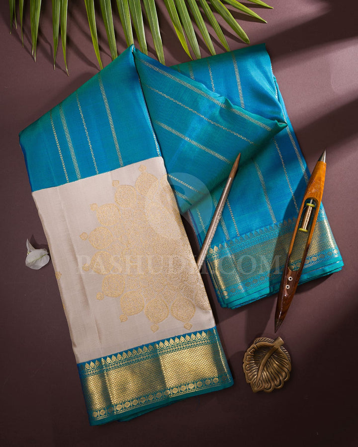 Grey And Peacock Blue Kanjivaram Silk Saree-S1524(A)