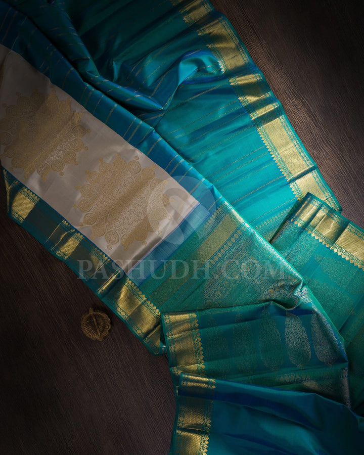 Grey And Peacock Blue Kanjivaram Silk Saree-S1524(A)