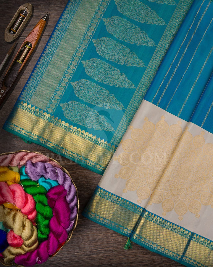 Grey And Peacock Blue Kanjivaram Silk Saree-S1524(A)
