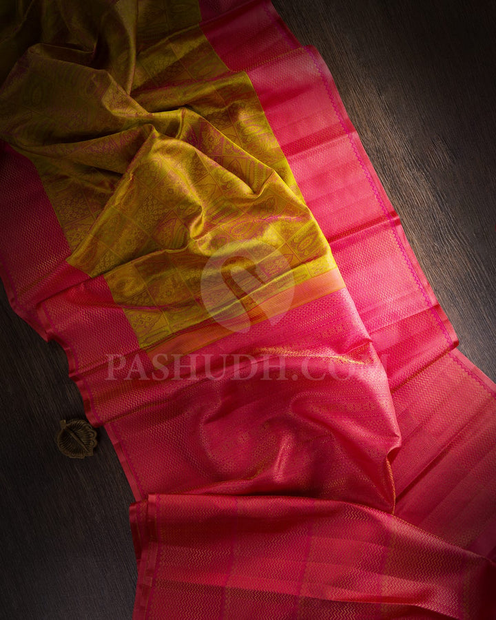 Olive green, Peachy Pink And Rouge Pink Kanjivaram Silk Saree-D622(C)