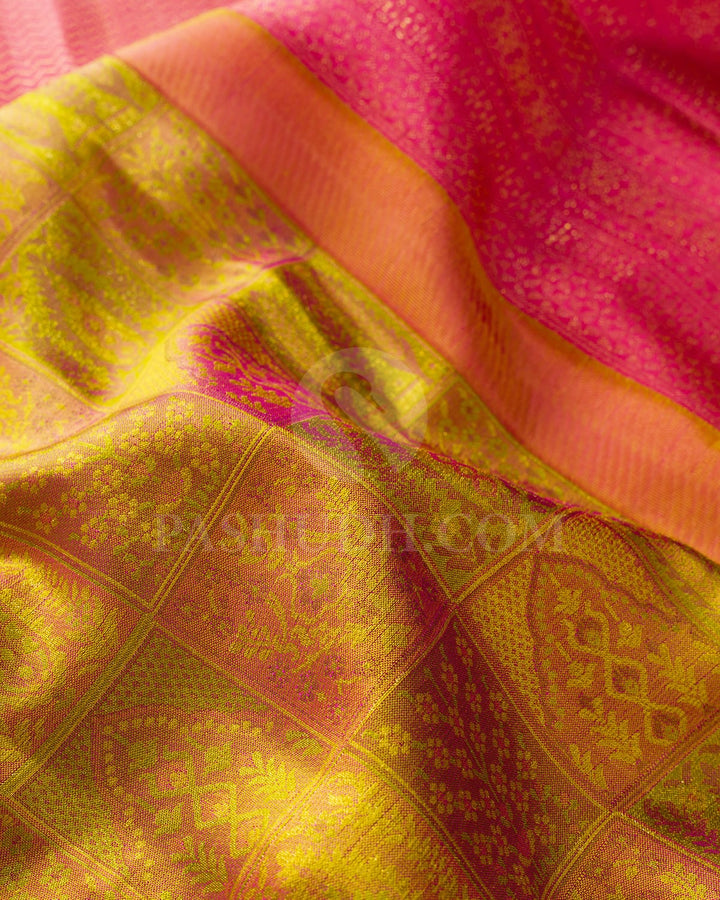 Olive green, Peachy Pink And Rouge Pink Kanjivaram Silk Saree-D622(C)