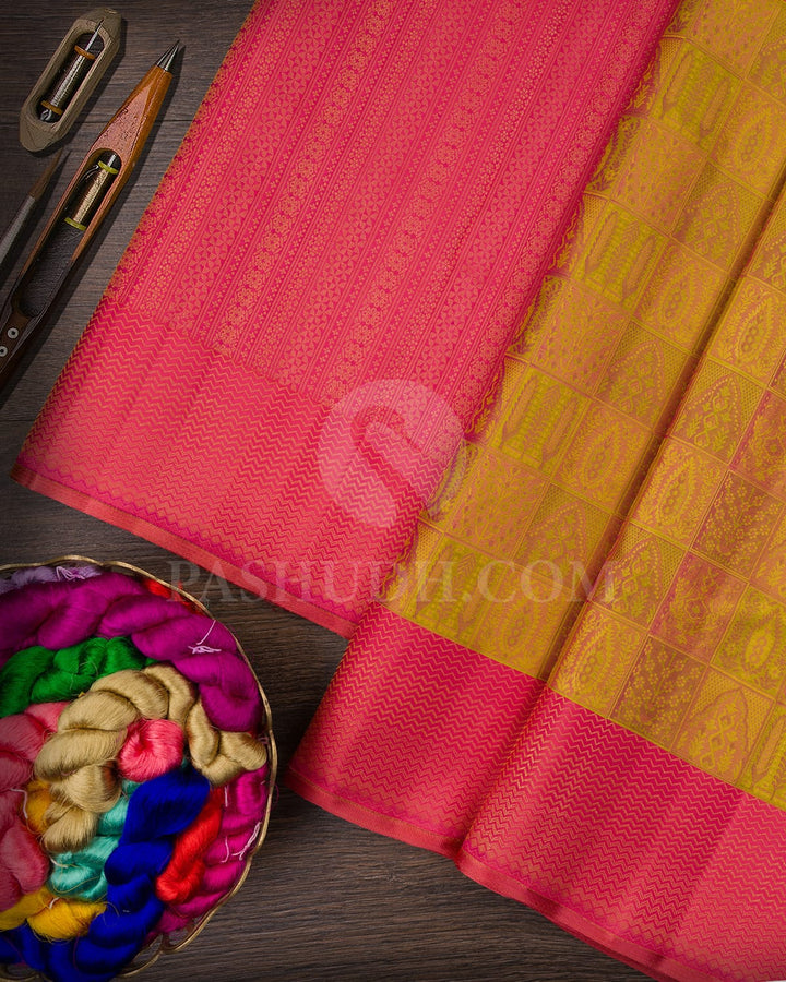 Olive green, Peachy Pink And Rouge Pink Kanjivaram Silk Saree-D622(C)
