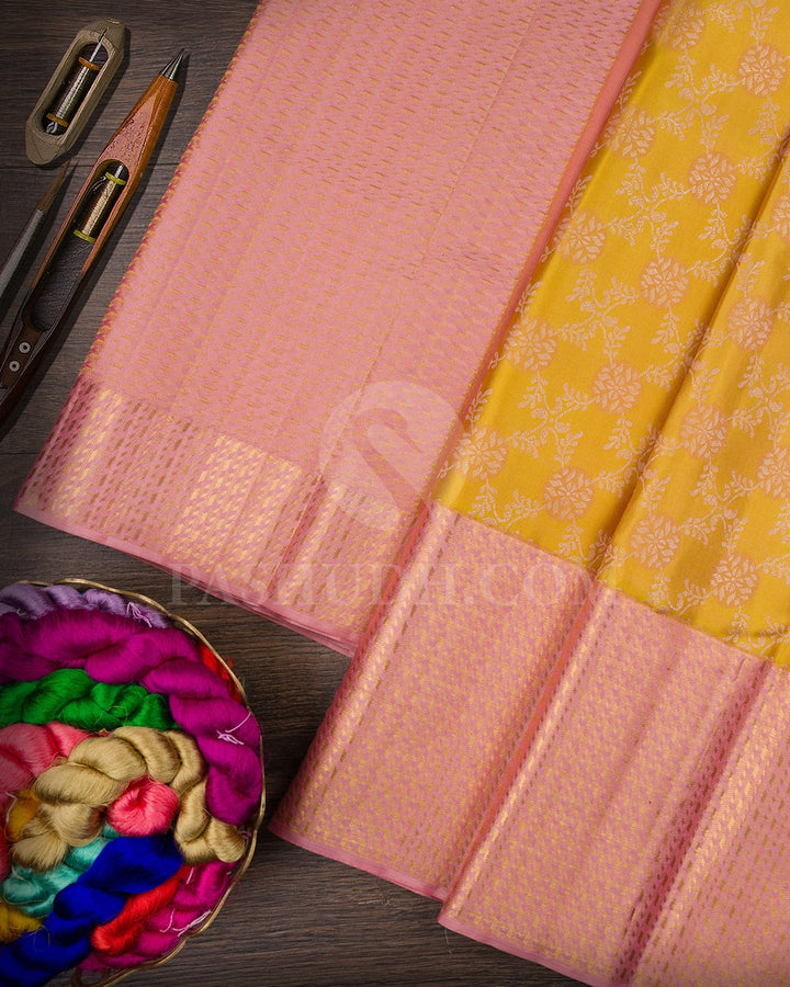 Golden Yellow And Lace Pink Kanjivaram Silk Saree-D649(A)
