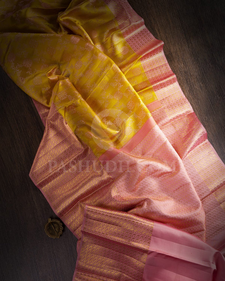 Golden Yellow And Lace Pink Kanjivaram Silk Saree-D649(A)