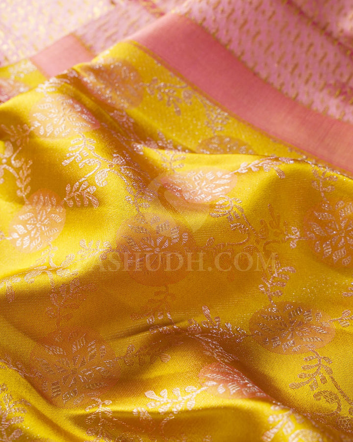 Golden Yellow And Lace Pink Kanjivaram Silk Saree-D649(A)