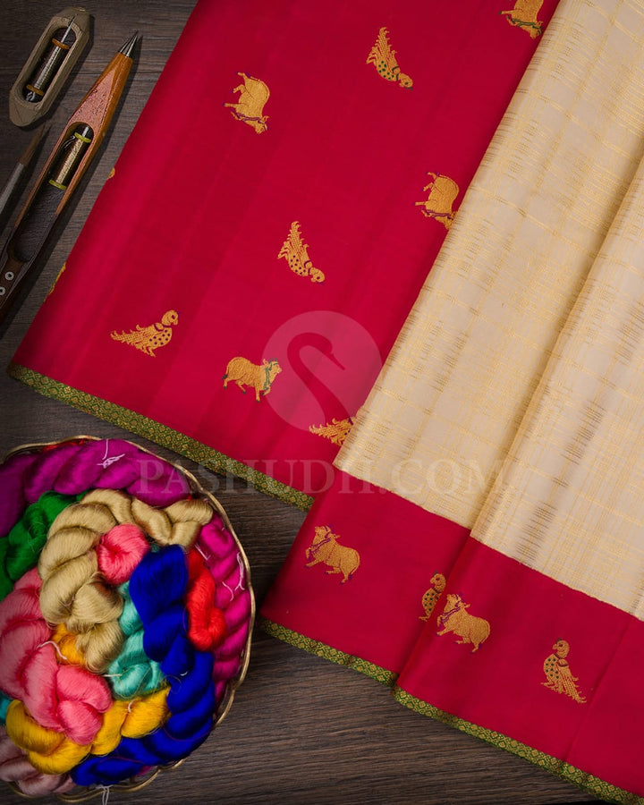 Half White And Brick Red Kanjivaram Silk Saree-S1526(A)