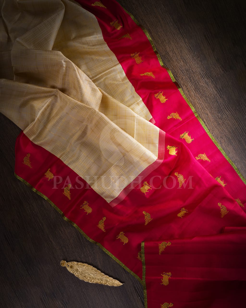 Half White And Brick Red Kanjivaram Silk Saree-S1526(A)