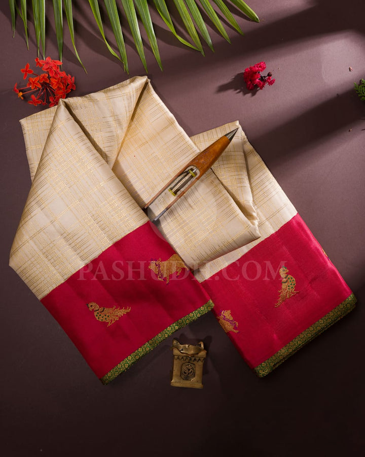 Half White And Brick Red Kanjivaram Silk Saree-S1526(A)