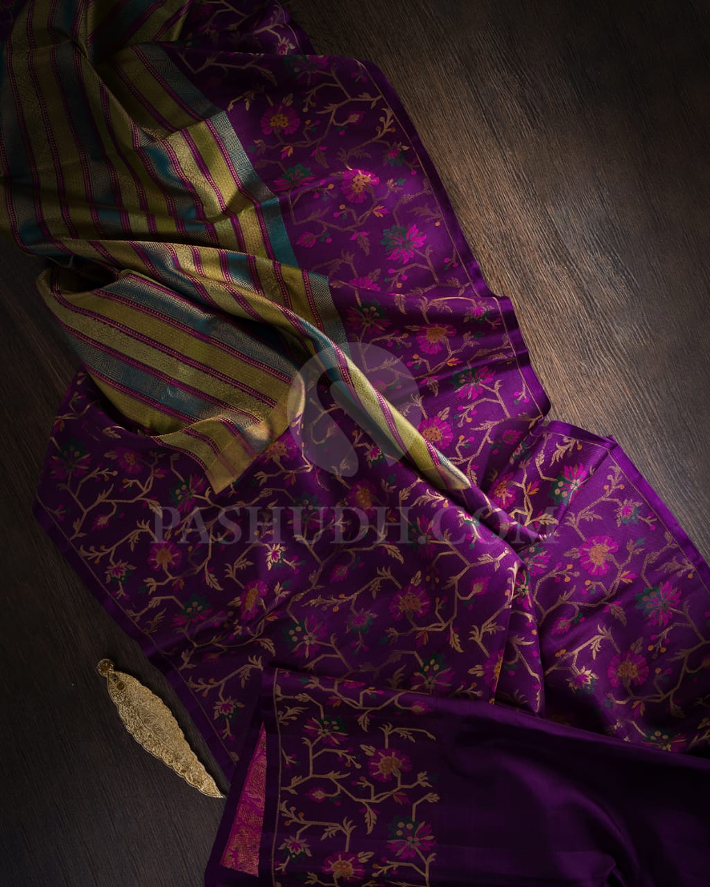 Shades Of Green Pure Zari Bridal Kanjivaram With Purple Paithani Border-P197(A)