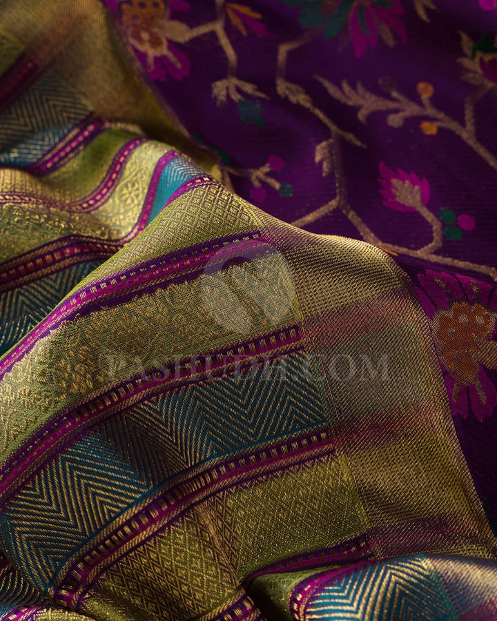 Shades Of Green Pure Zari Bridal Kanjivaram With Purple Paithani Border-P197(A)