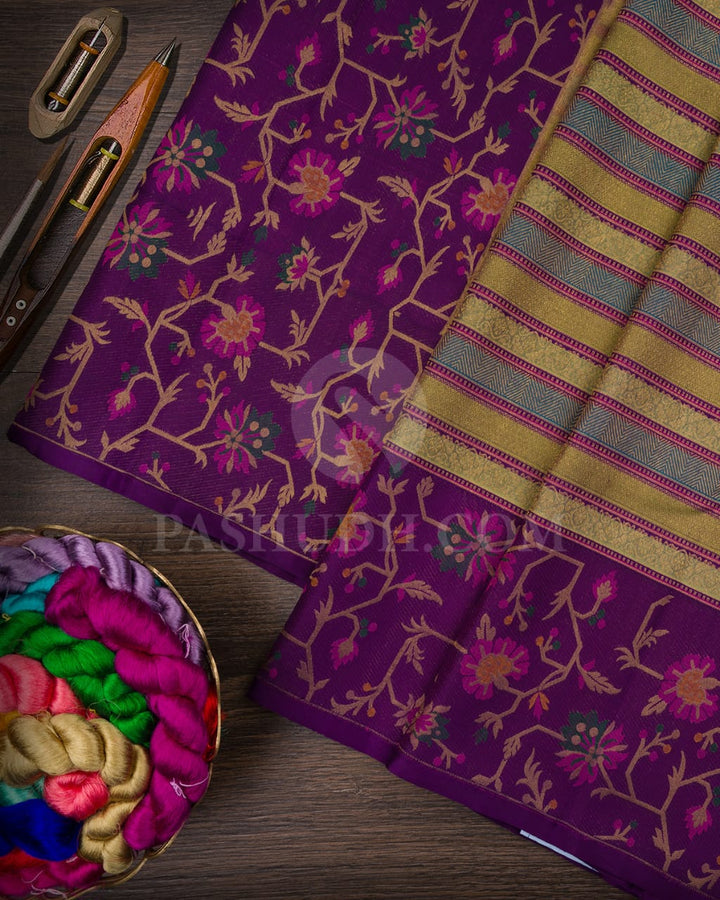 Shades Of Green Pure Zari Bridal Kanjivaram With Purple Paithani Border-P197(A)