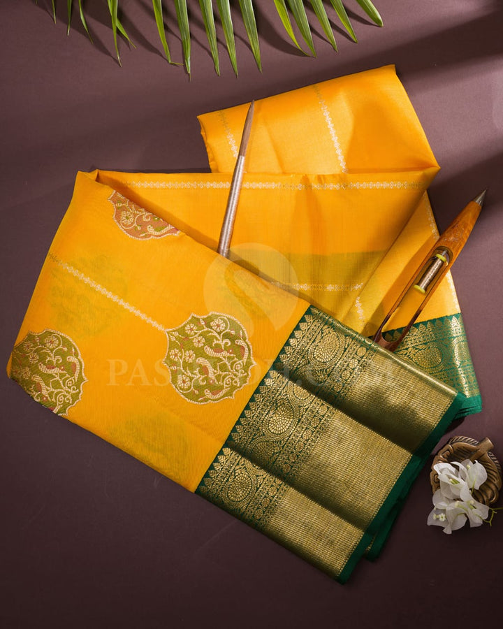 Mango Yellow And Bottle Green Organza Kanjivaram Silk Saree-S1520(A)