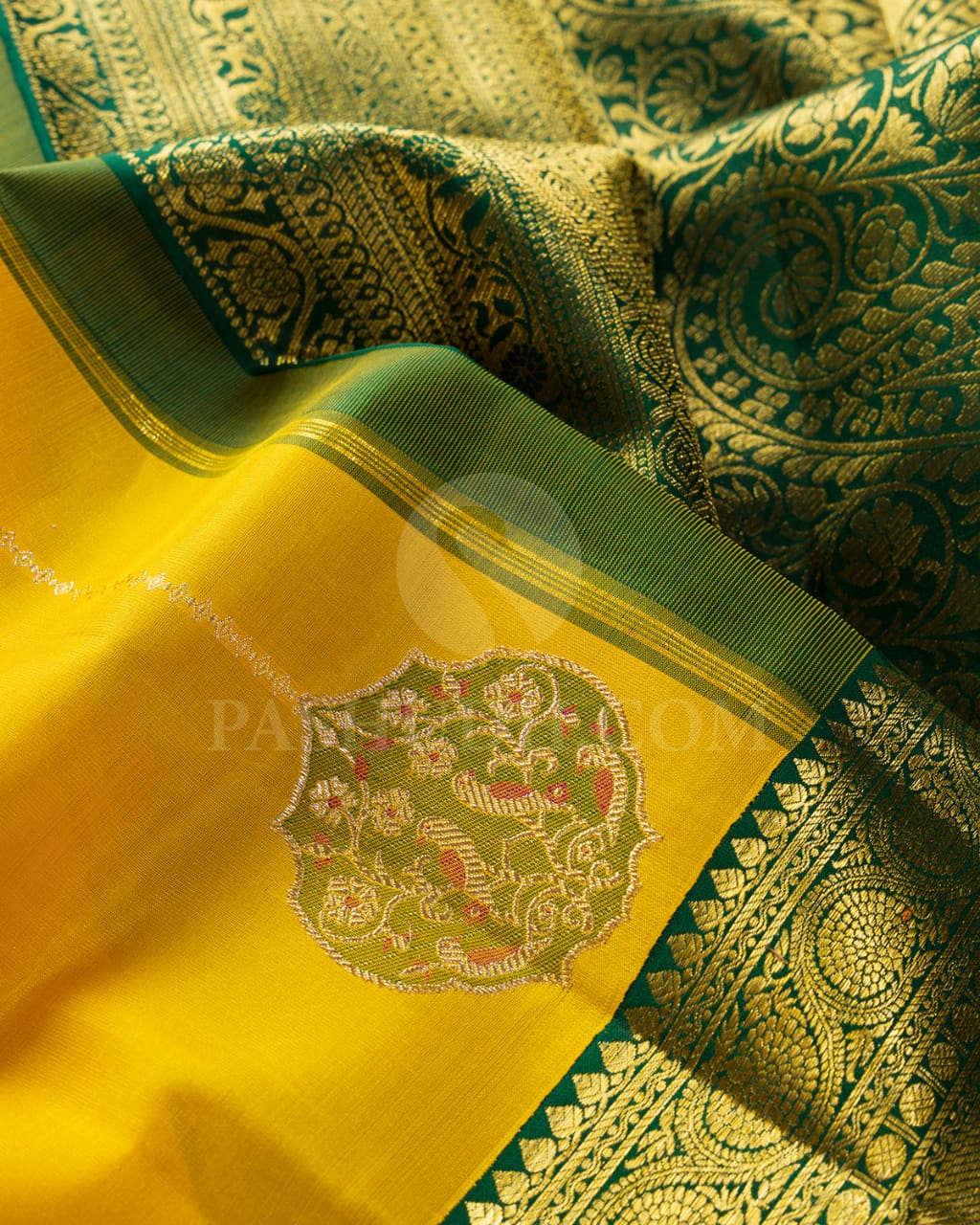 Mango Yellow And Bottle Green Organza Kanjivaram Silk Saree-S1520(A)