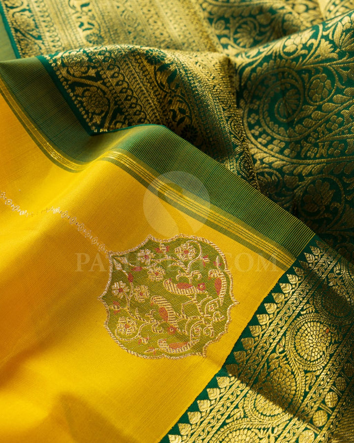 Mango Yellow And Bottle Green Organza Kanjivaram Silk Saree-S1520(A)