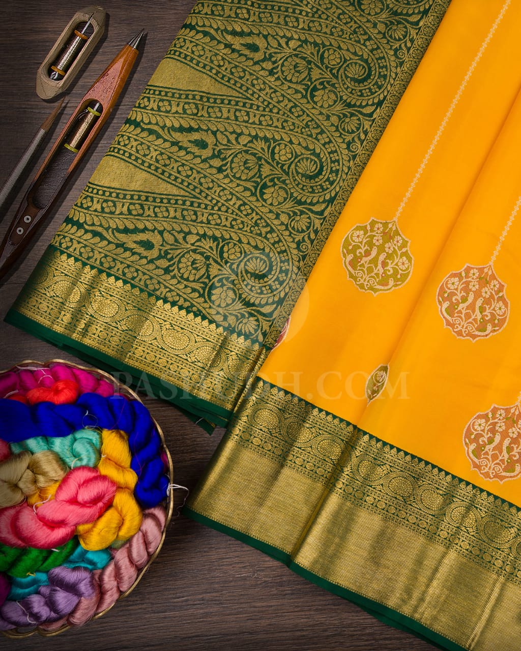 Mango Yellow And Bottle Green Organza Kanjivaram Silk Saree-S1520(A)