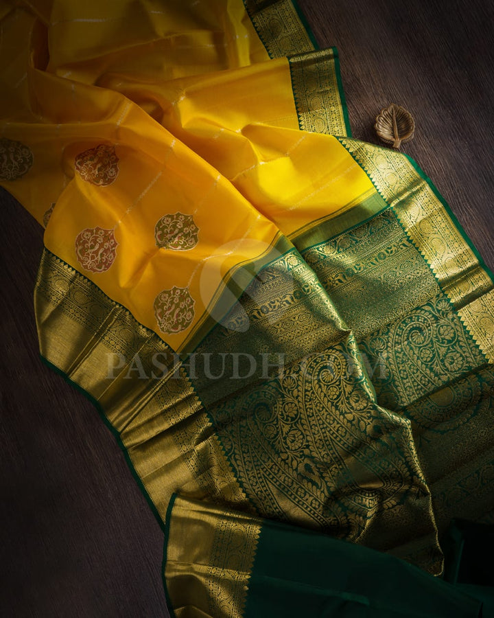 Mango Yellow And Bottle Green Organza Kanjivaram Silk Saree-S1520(A)