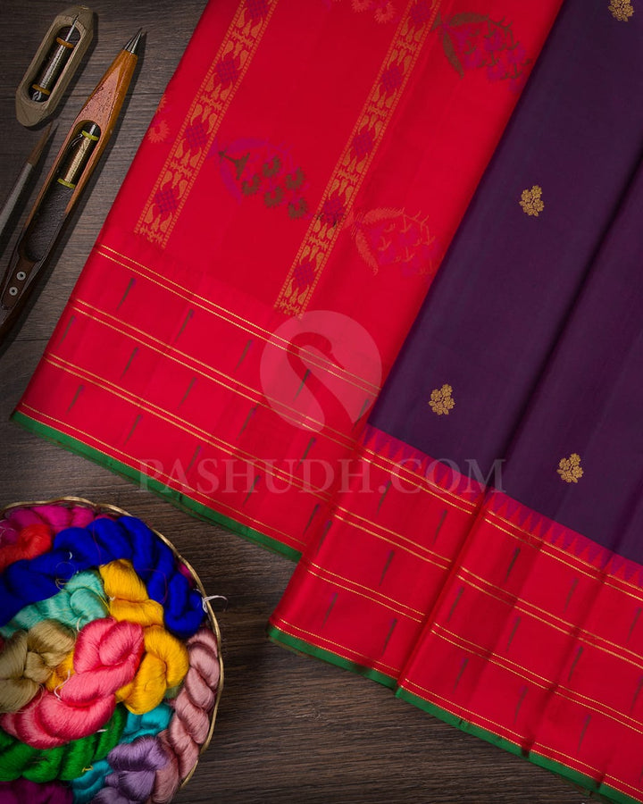 Purple Kanjivaram Silk Saree With Red Paithani Border-S1511(A)