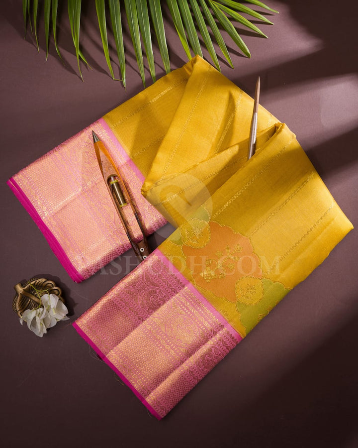 Mild Mustard With Baby Pink Organza Kanjivaram Silk Saree-S1536(A)