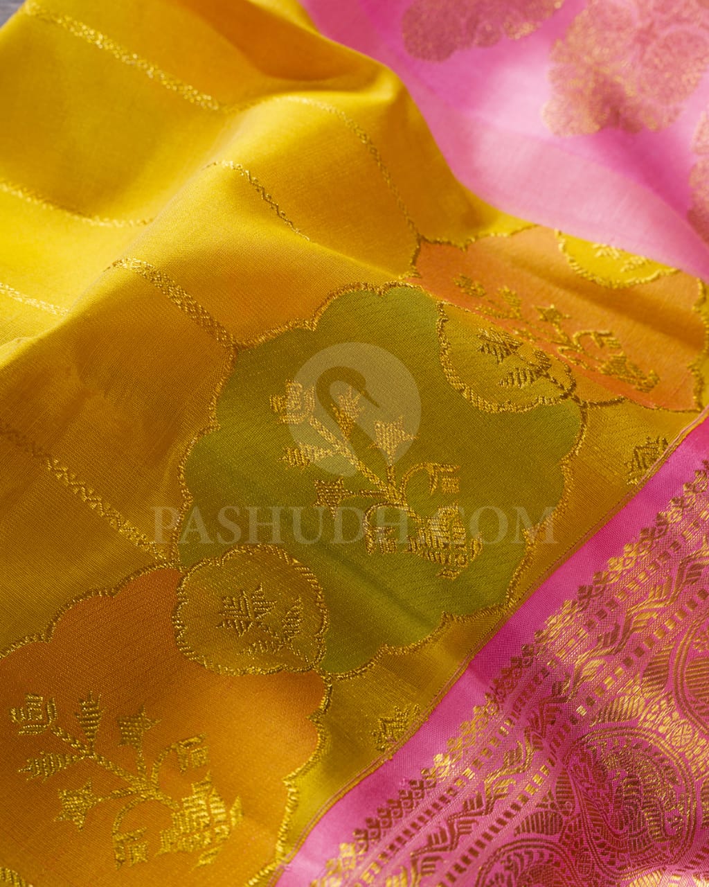 Mild Mustard With Baby Pink Organza Kanjivaram Silk Saree-S1536(A)