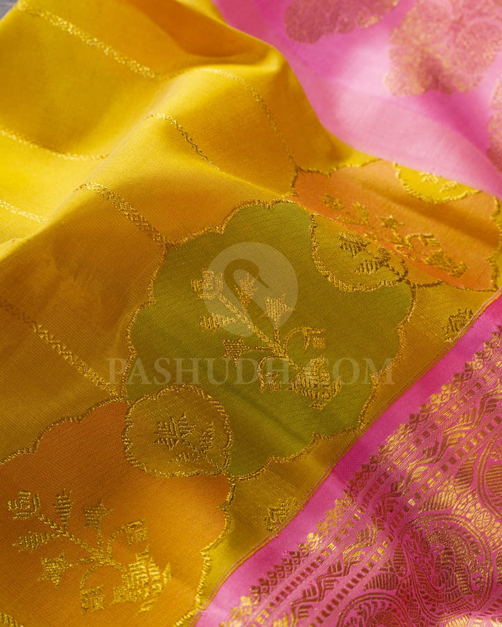 Mild Mustard With Baby Pink Organza Kanjivaram Silk Saree-S1536(A)