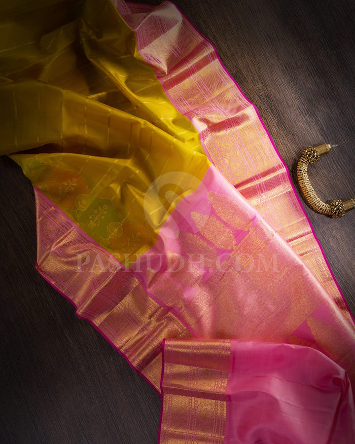 Mild Mustard With Baby Pink Organza Kanjivaram Silk Saree-S1536(A)