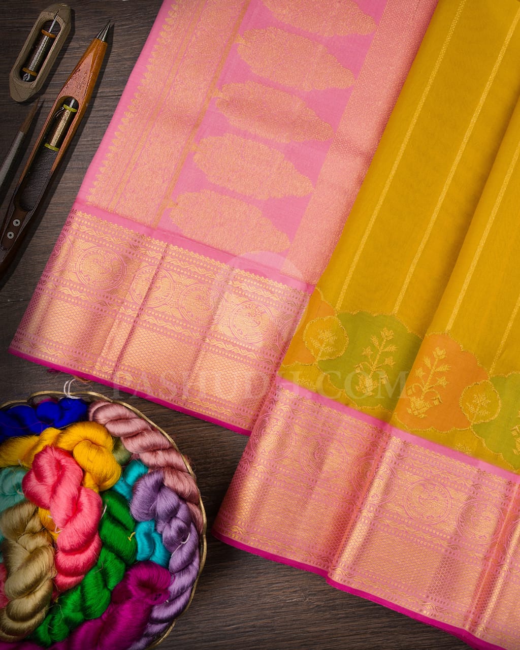 Mild Mustard With Baby Pink Organza Kanjivaram Silk Saree-S1536(A)