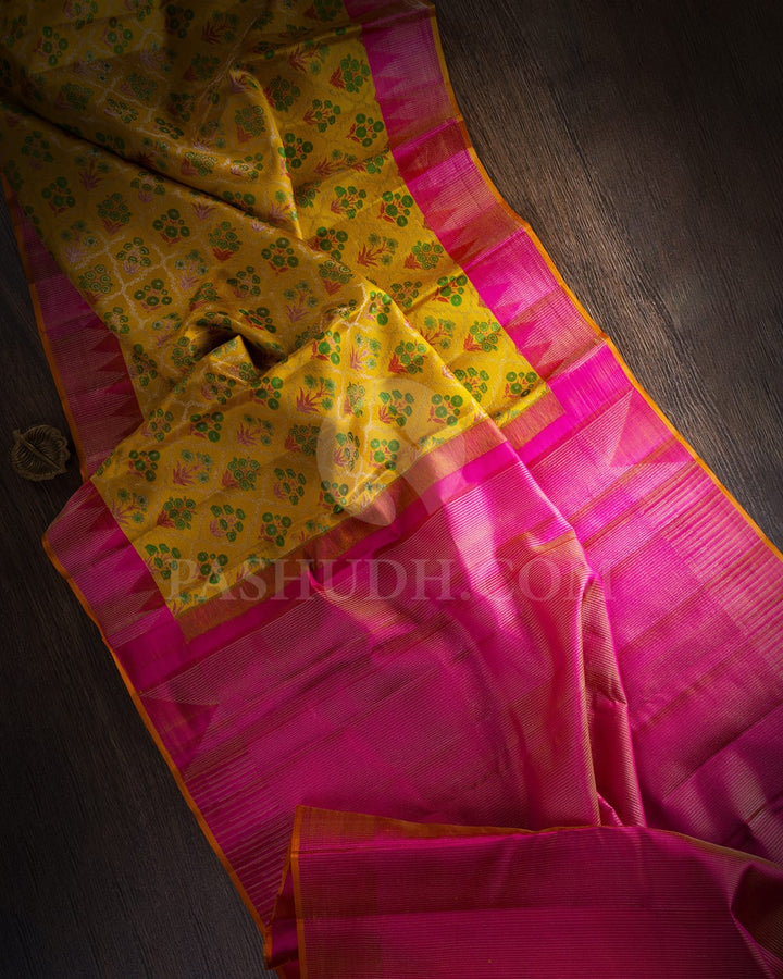 Mustard Yellow And Rouge Pink Kanjivaram Silk Saree-DJ366(C)