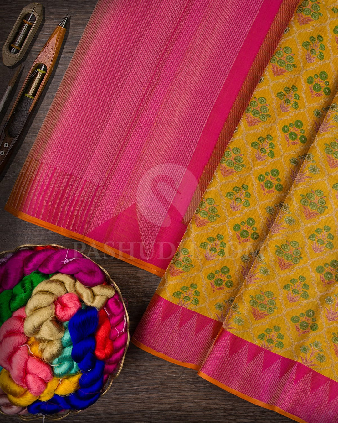Mustard Yellow And Rouge Pink Kanjivaram Silk Saree-DJ366(C)