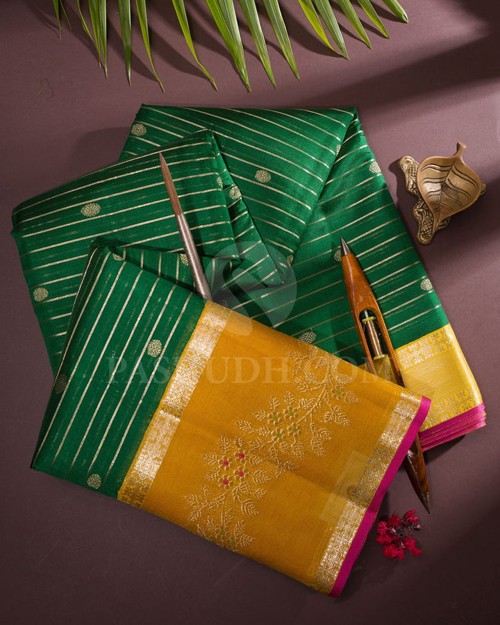 Bottle Green And Mustard Kora Organza Kanjivaram Silk Saree-S1527(A)