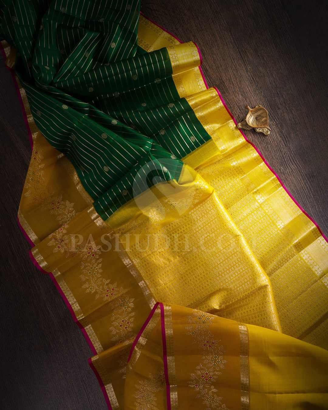 Bottle Green And Mustard Kora Organza Kanjivaram Silk Saree-S1527(A)