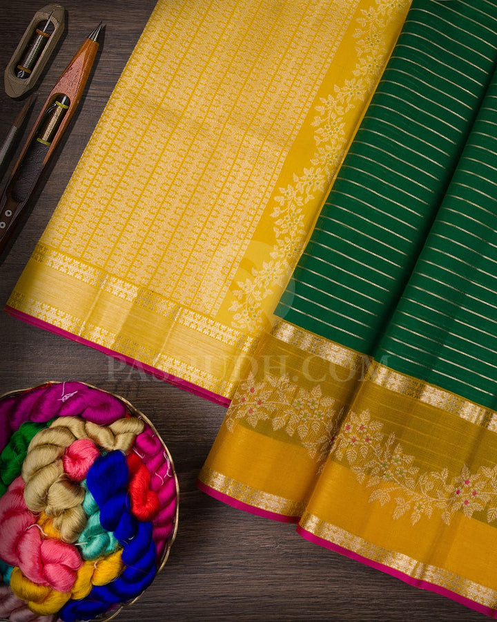 Bottle Green And Mustard Kora Organza Kanjivaram Silk Saree-S1527(A)