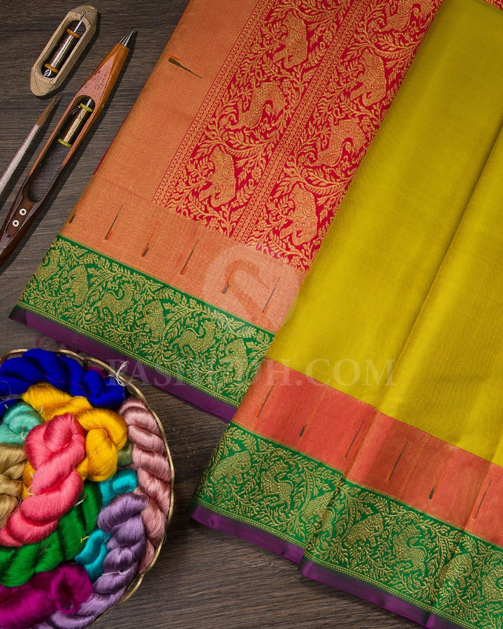 Olive Green,Red And Green Kanjivaram Silk Saree-S1546(A)