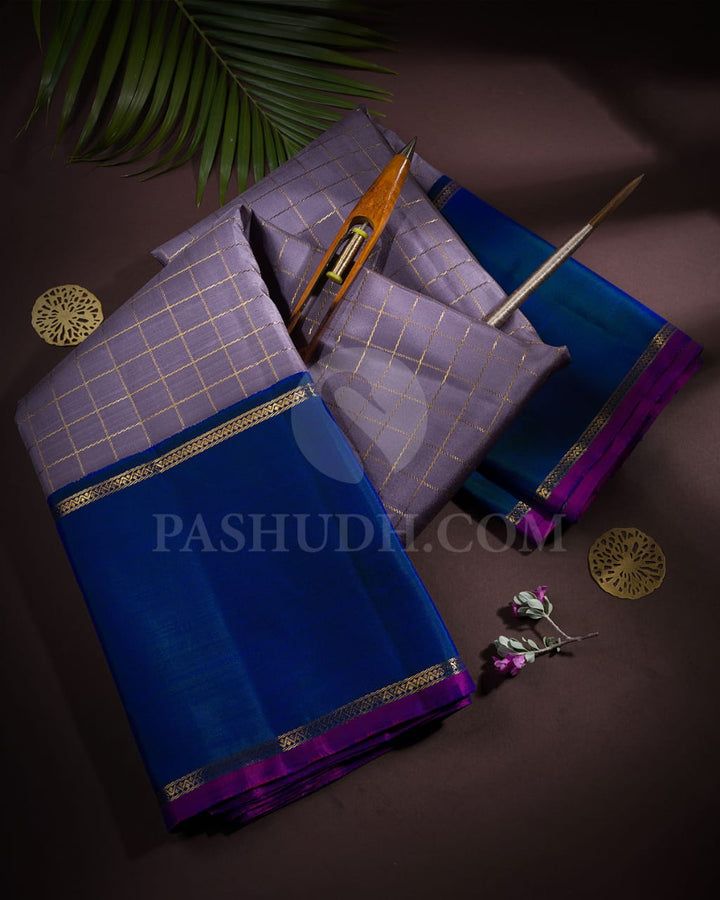 Subtle Lavender And Cobalt Blue Kanjivaram Silk Saree-SP214
