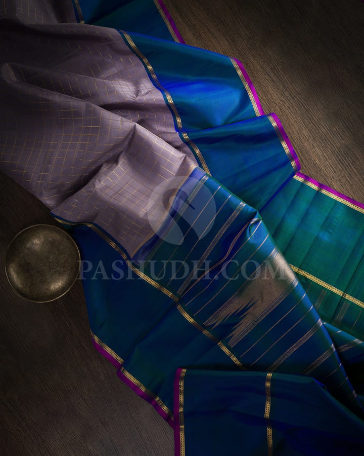 Subtle Lavender And Cobalt Blue Kanjivaram Silk Saree-SP214