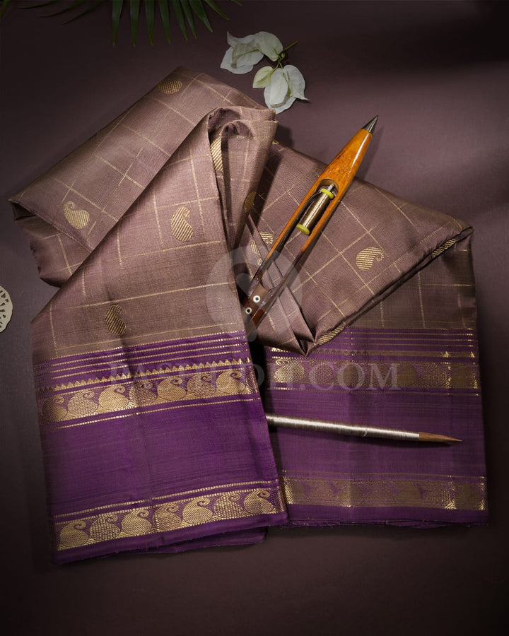 Greige And Dark Lavender Pure Zari Kanjivaram Silk Saree-SP203