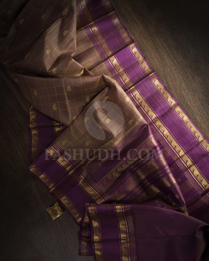 Greige And Dark Lavender Pure Zari Kanjivaram Silk Saree-SP203