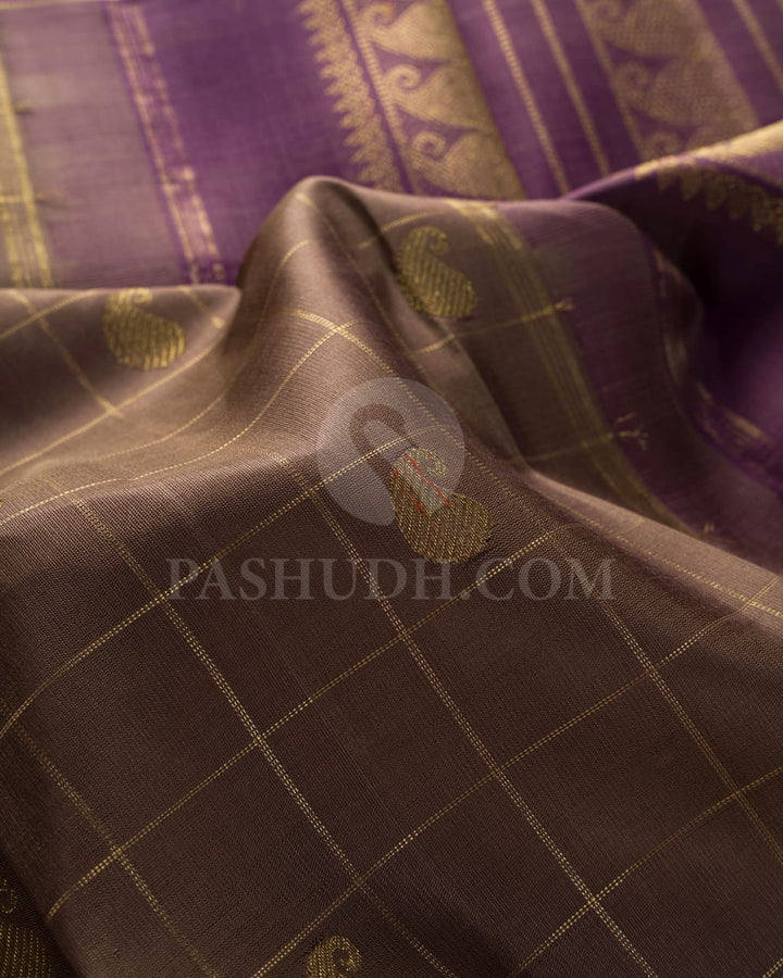 Greige And Dark Lavender Pure Zari Kanjivaram Silk Saree-SP203