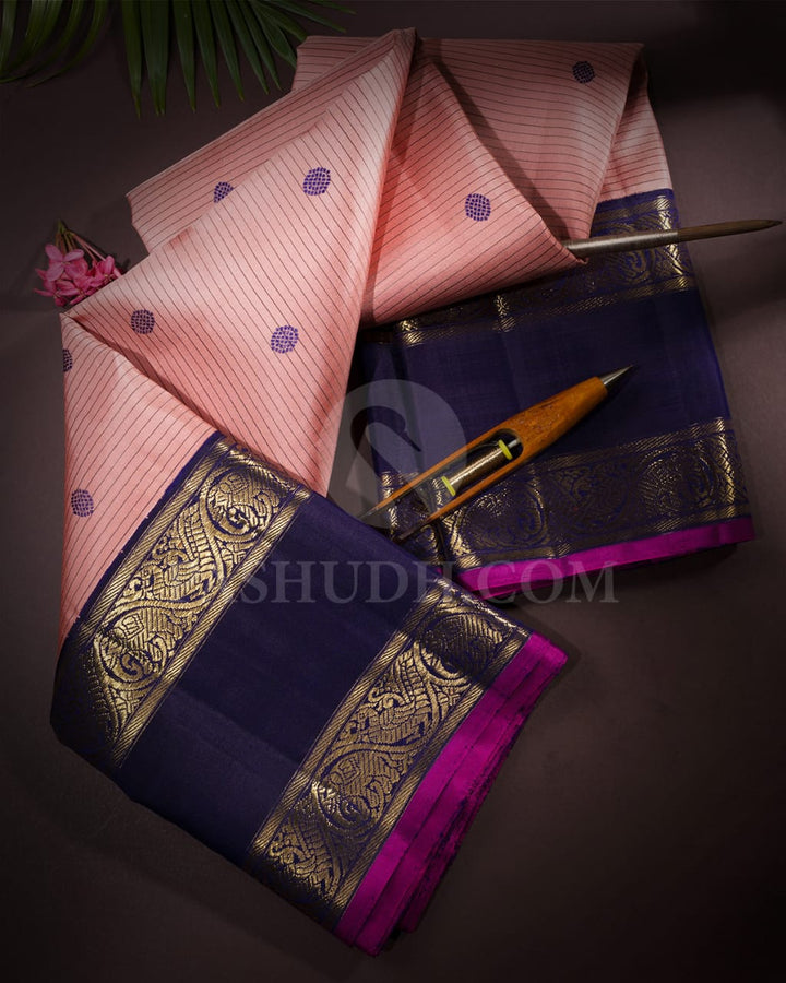 Peach And Navy Blue Pure Zari  Kanjivaram Silk Saree-SP195