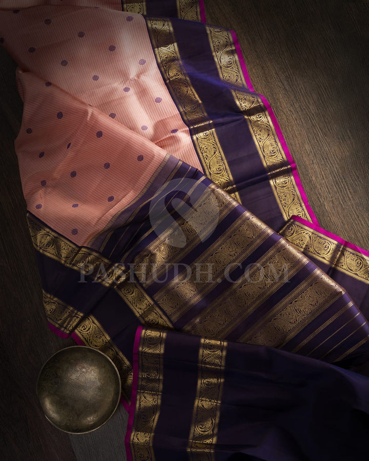 Peach And Navy Blue Pure Zari  Kanjivaram Silk Saree-SP195