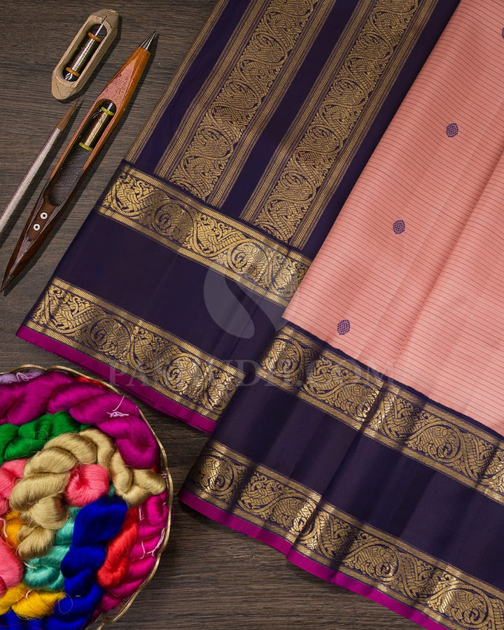 Peach And Navy Blue Pure Zari  Kanjivaram Silk Saree-SP195