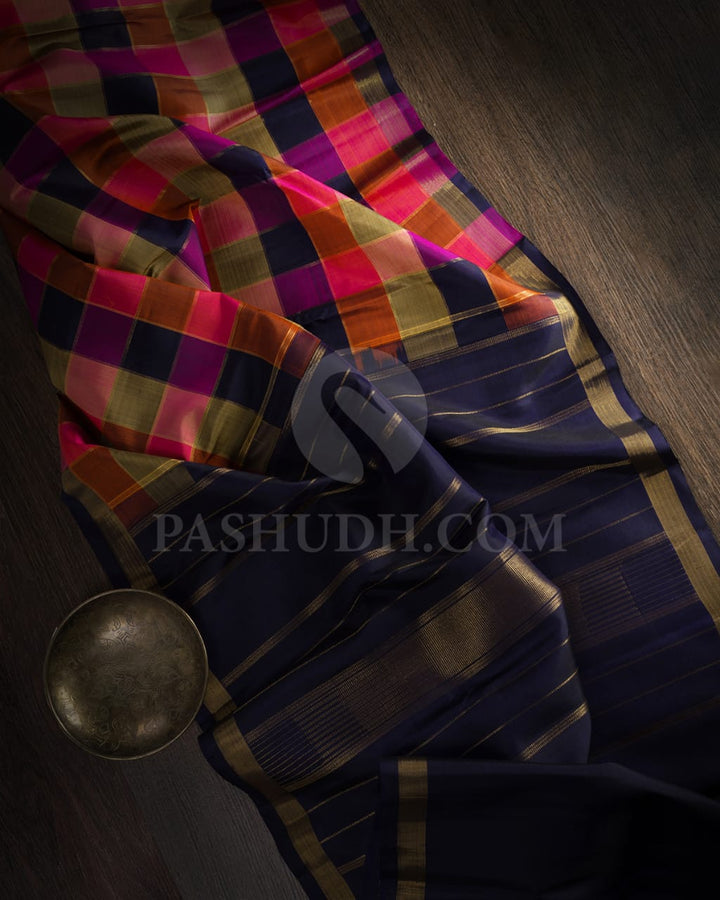 Multicolor And Navy Blue Pure Zari Kanjivaram Silk Saree-SP196