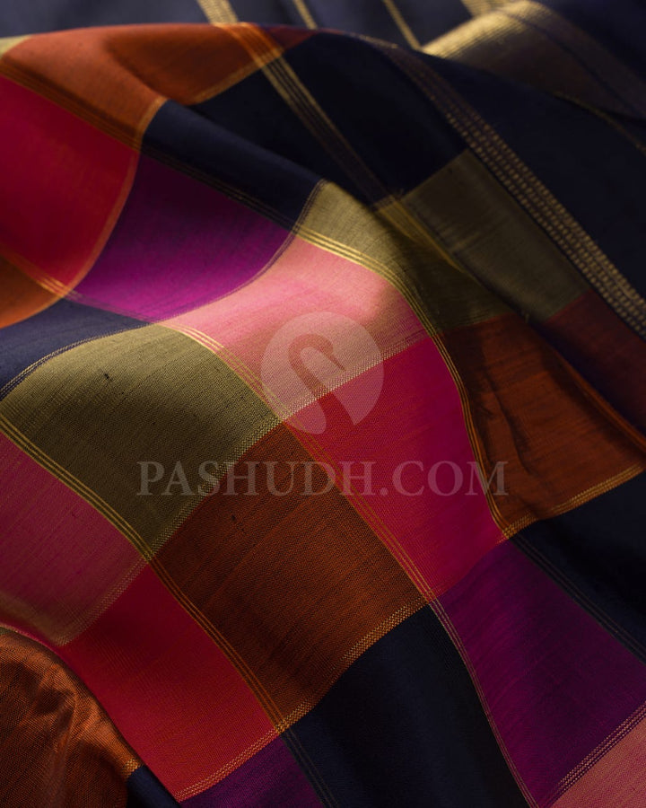Multicolor And Navy Blue Pure Zari Kanjivaram Silk Saree-SP196
