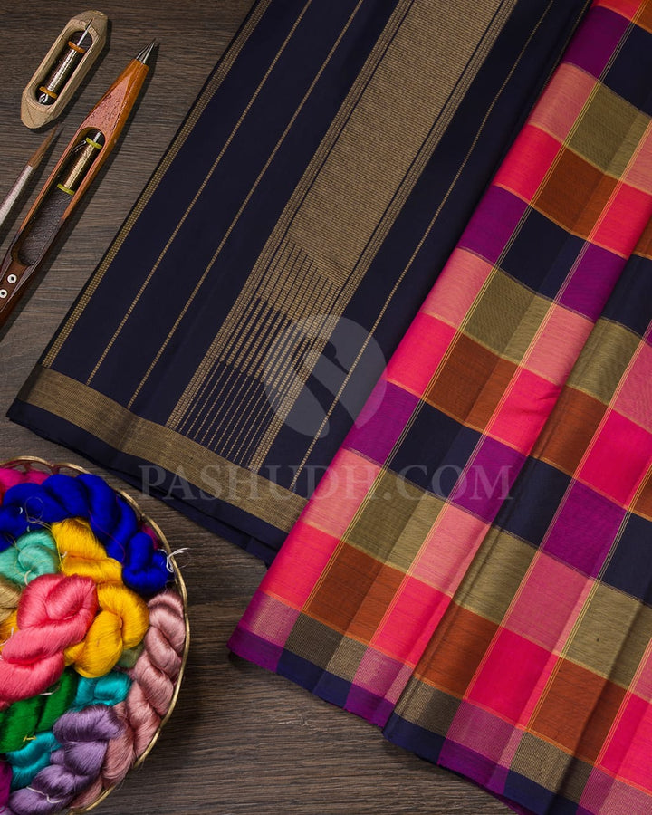 Multicolor And Navy Blue Pure Zari Kanjivaram Silk Saree-SP196
