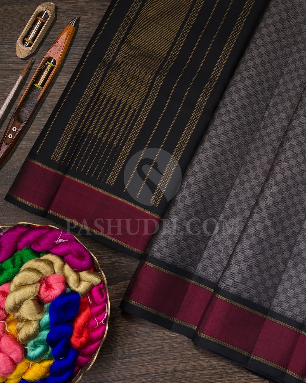 Black, Grey And Crimpson Pure Zari Kanjivaram Silk Saree-SP207