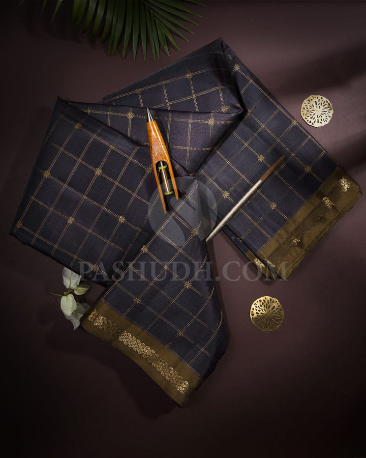 Charcoal Grey And Mehendi Green Pure Zari Kanjivaram Silk Saree-SP215