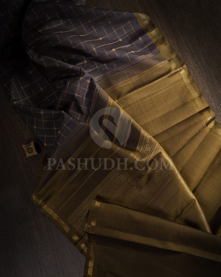 Charcoal Grey And Mehendi Green Pure Zari Kanjivaram Silk Saree-SP215