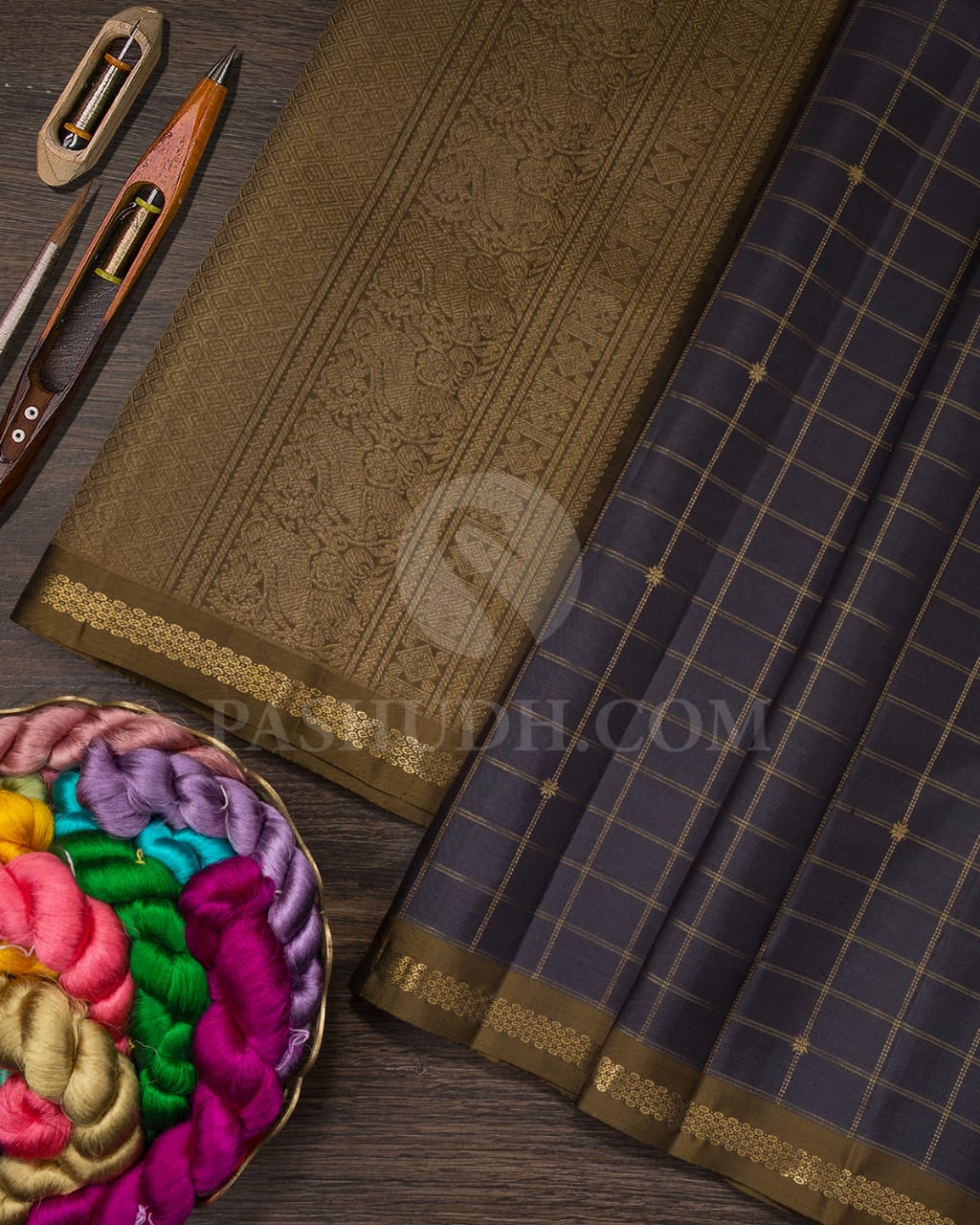 Charcoal Grey And Mehendi Green Pure Zari Kanjivaram Silk Saree-SP215