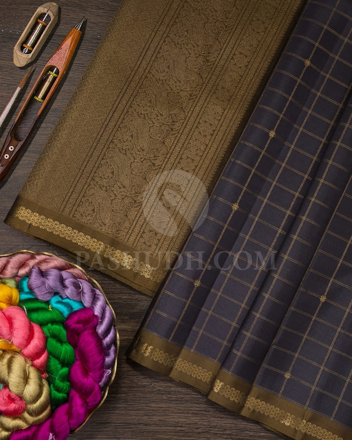 Charcoal Grey And Mehendi Green Pure Zari Kanjivaram Silk Saree-SP215