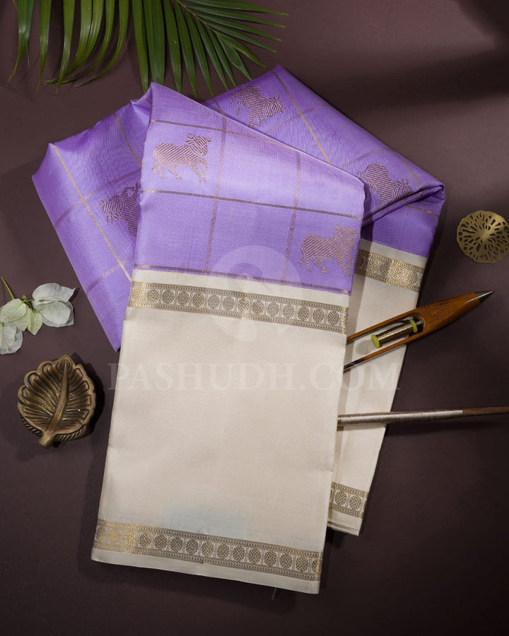 Lavender And Cream Plain Kanjivaram Silk Saree-SP225
